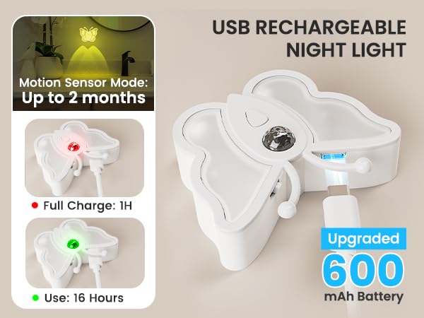 Loftek Rechargeable Motion Sensor Night Light, Dimmable, Portable, Black, 1 Pack, Acrylic, Butterfly Model