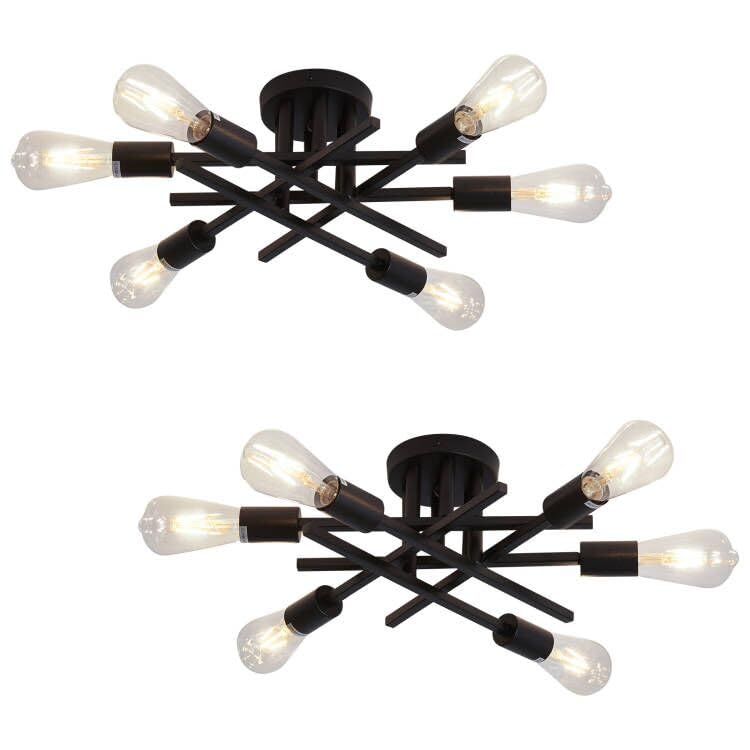 ASGYISA 6-Lights Semi Flush Mount Ceiling Light Fixture 2-Pack Black Vintage Matte Sputnik Chandelier Ceiling Lamp for Farmhouse