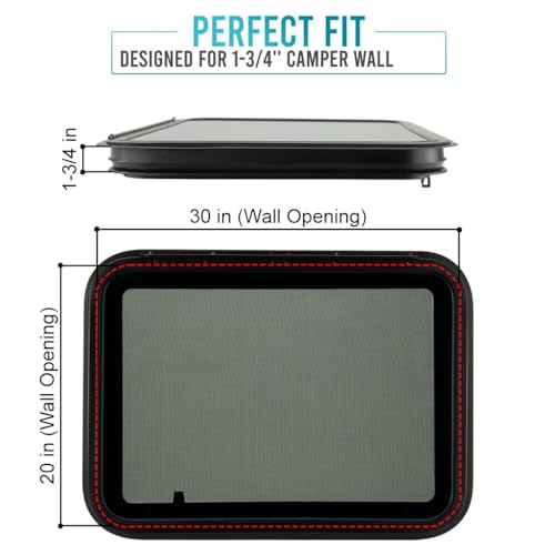 PROFLEX RV Exit Window - 30” W x 20” H, Tempered Glass, Easy Installation, Weather-Resistant, DOT Certified, for 1-3/4" Wall