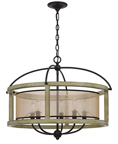 Cal Lighting FX-3781-5 Palencia Rubber Wood Round Chandelier, Distressed Oak, Organza Shade