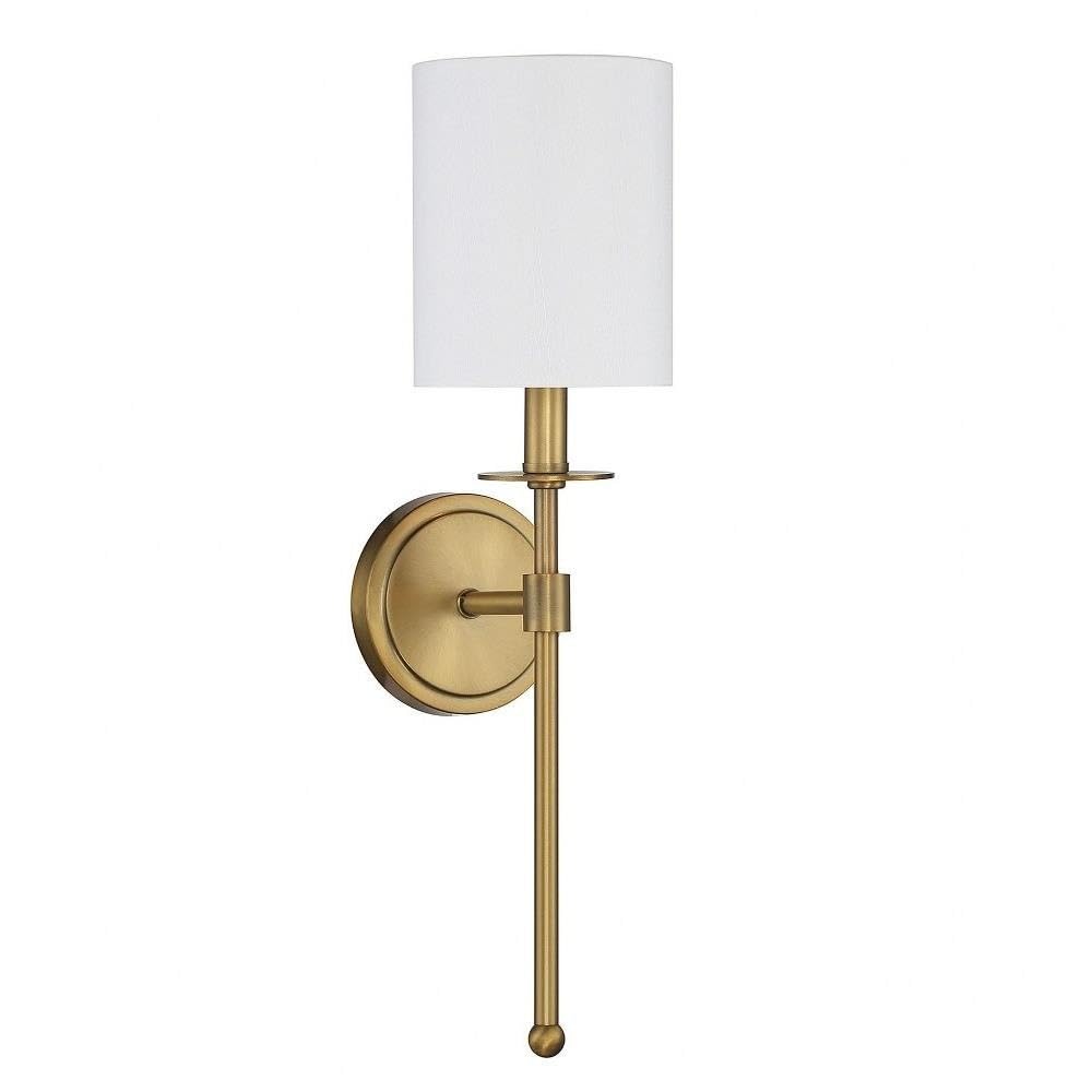 Savoy House 5 in. W x 20 in. H 1-Light Natural Brass Wall Sconce with White Fabric Shade M90057NB