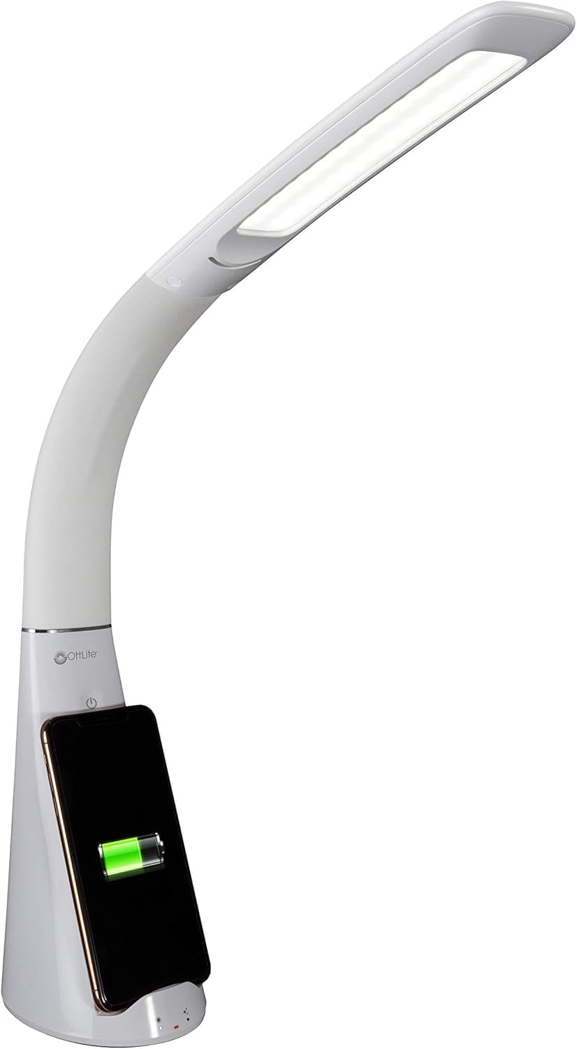 OttLite Purify LED Sanitizing Desk Lamp with Wireless Charging - Eliminates up to 99.9% of Bacteria  Touch Activated  Flexible Neck  Modern Light for Reading  Crafting & Office Desktop