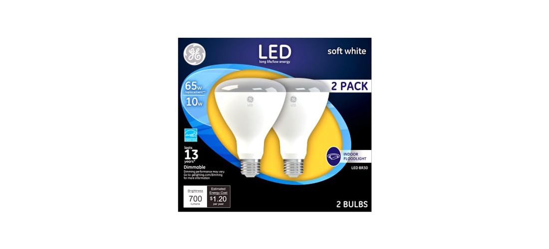 Ge Lighting Indoor Floodlight Led Bulb, Dimmable, Br30, Soft White, 700 Lumens, 10W (65 W Replacement) 2-Pk