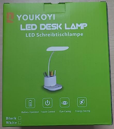 Youkoyi Led Desk Lamp - Rechargeable Touch Control, Stepless Dimming, 3 Color Modes, Gooseneck, White, Model T22