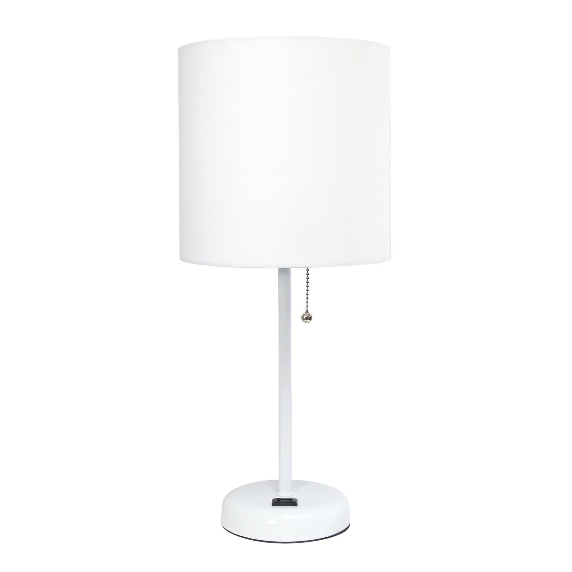 Creekwood Home Oslo 19.5&quot; Contemporary Bedside Power Outlet Base Standard Metal Table Desk Lamp In White With White Drum Fabric Shade