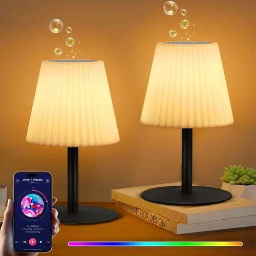NiceBuy 2 Pack Shower Lamp with Speaker IP44 Waterproof, Rechargeable Cordless Table Lamp RGB Color with Remote, LED Battery Ope