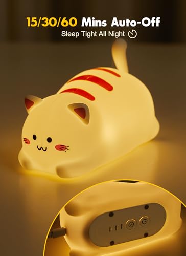 Minetom Cat Night Light For Kids, Cute Silicone Night Light With 2 Levels Brightness, Kawaii Rechargeable Lamp For Bedroom, Girls And Boys, Toddler, Nursery, Baby Gifts, 15/30/60 Mins Timing