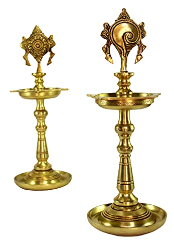 eSplanade Brass Oil Lamps - 13 inches | Shankh Chakra Narayan Oil Lamp Diya Deepam Brass Lamps Kuthu Vilakku