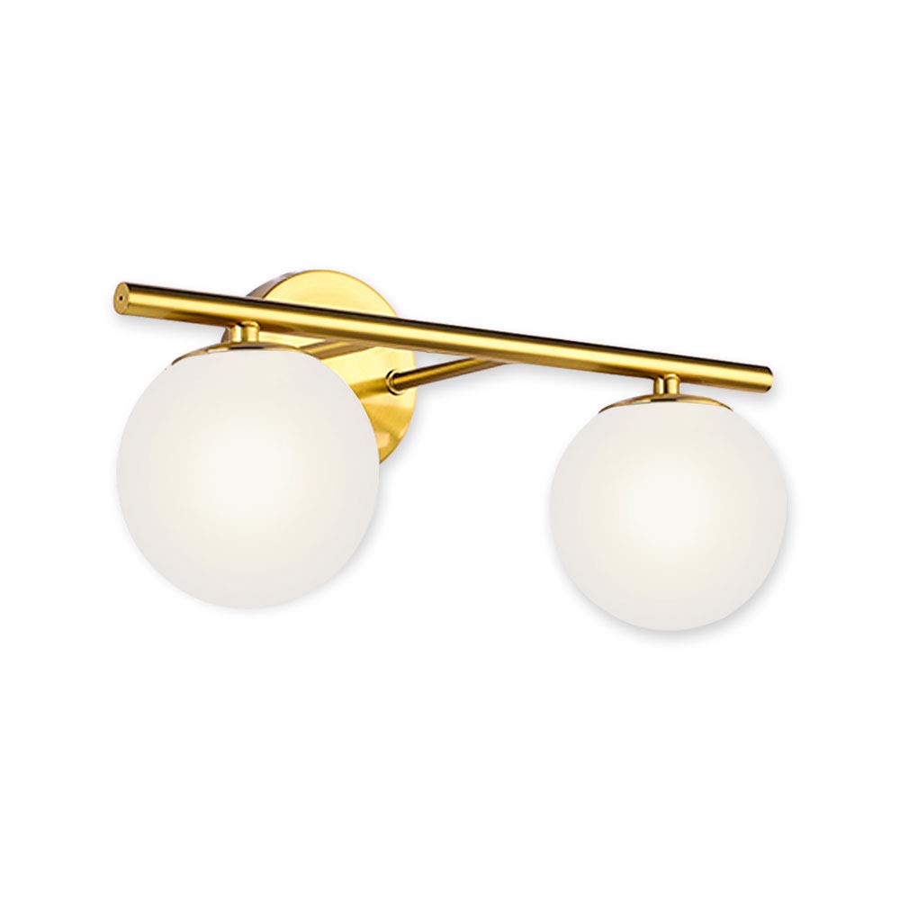 YHTlaeh Bathroom Vanity Light Fixtures, 2 Lights, Brushed Brass, Milk White Globe Glass Shade, Model 7710, 15 Inch