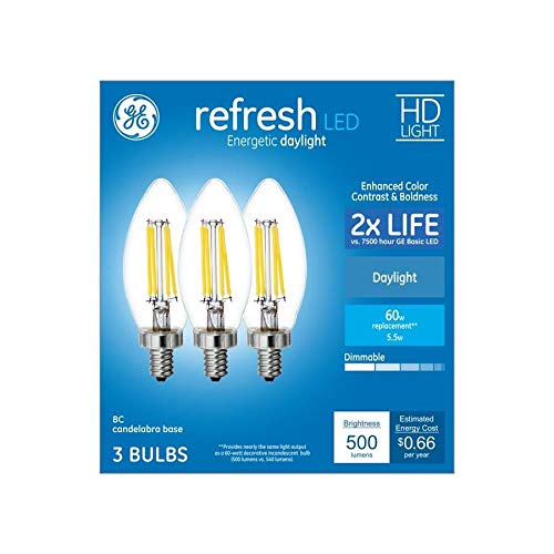 GE 60W Equivalent Dimmable Daylight B12 LED Light Bulbs, 3-Pack, White, Decorative Candelabra, Model 42251