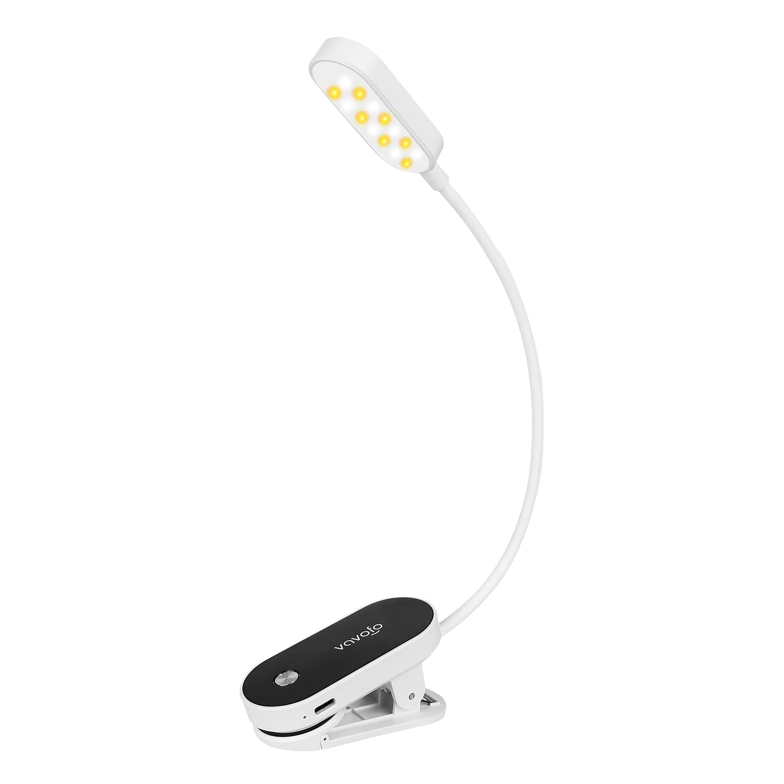 VAVOFO Rechargeable Book Light, 14 LEDs, Amber Reading Light, 9 Colors, 9 Brightness Levels, Model KM-6775, White and Black