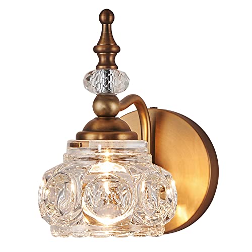 Zilanl Vintage Wall Sconce, 1-Light Crystal Glass Shade, Antique Brass Finish For Bathroom & Bedroom