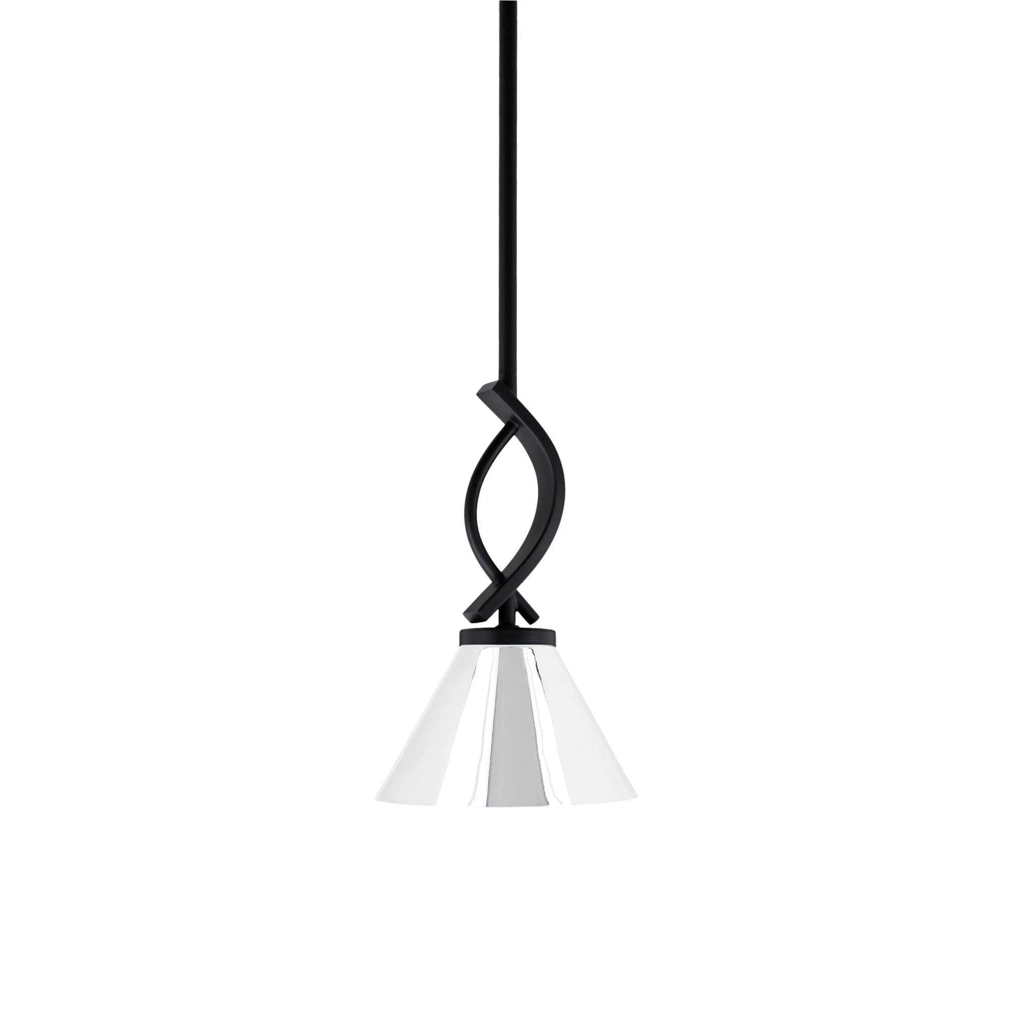 Cavella 1 Light Stem Mini Pendant Shown in Matte Black Finish with 7&quot; Chrome Cone Metal Shade