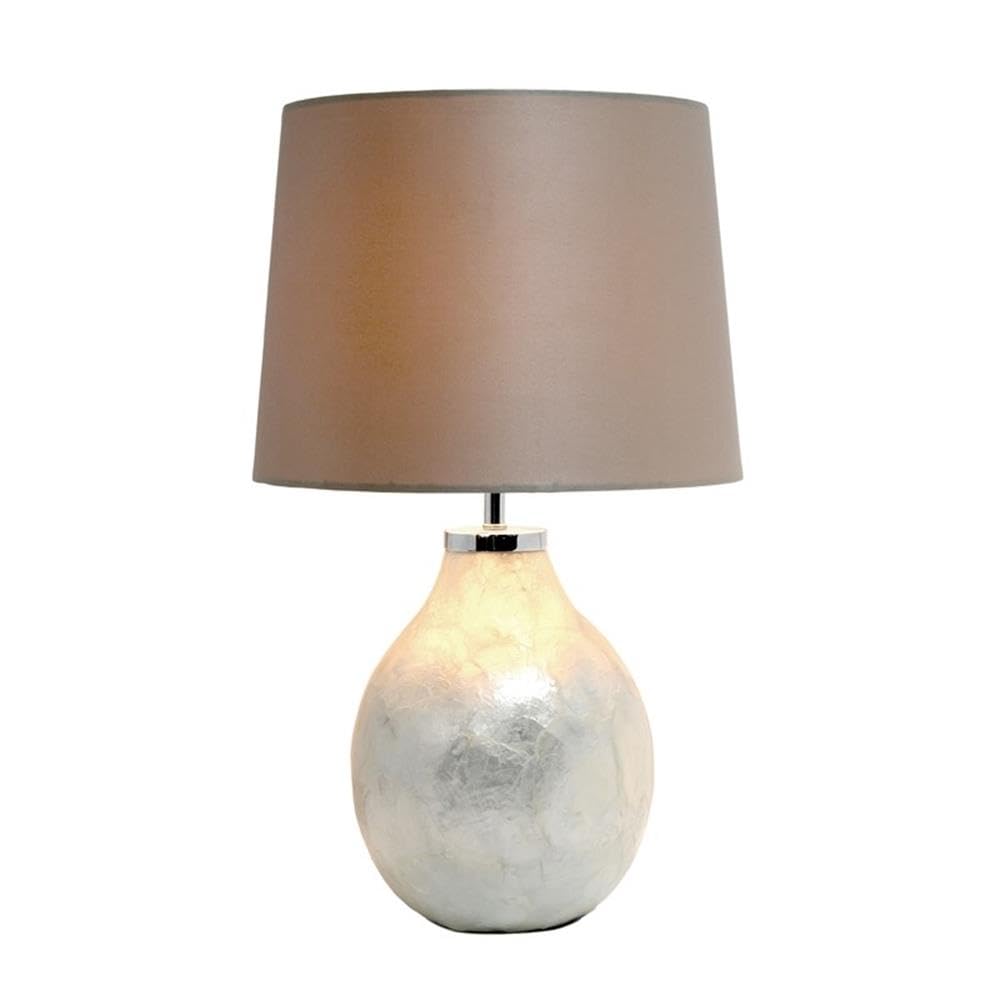 Simple Designs Lt3304-Prl 1 Light White Cream Iridescent Pearl Table Lamp With Light Brown Mocha Tan Fabric Shade