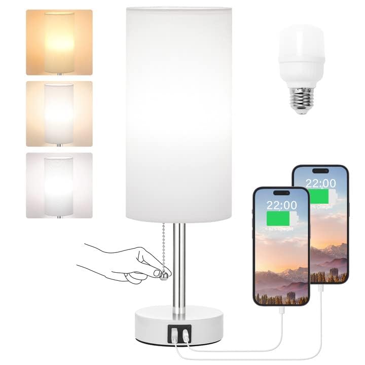 Hong-in Nightstand Lamp with 3 Color Modes - White Lamp for Bedroom with USB-C USB-A Charging Ports, 3000/4000/5000k Bedside Lam