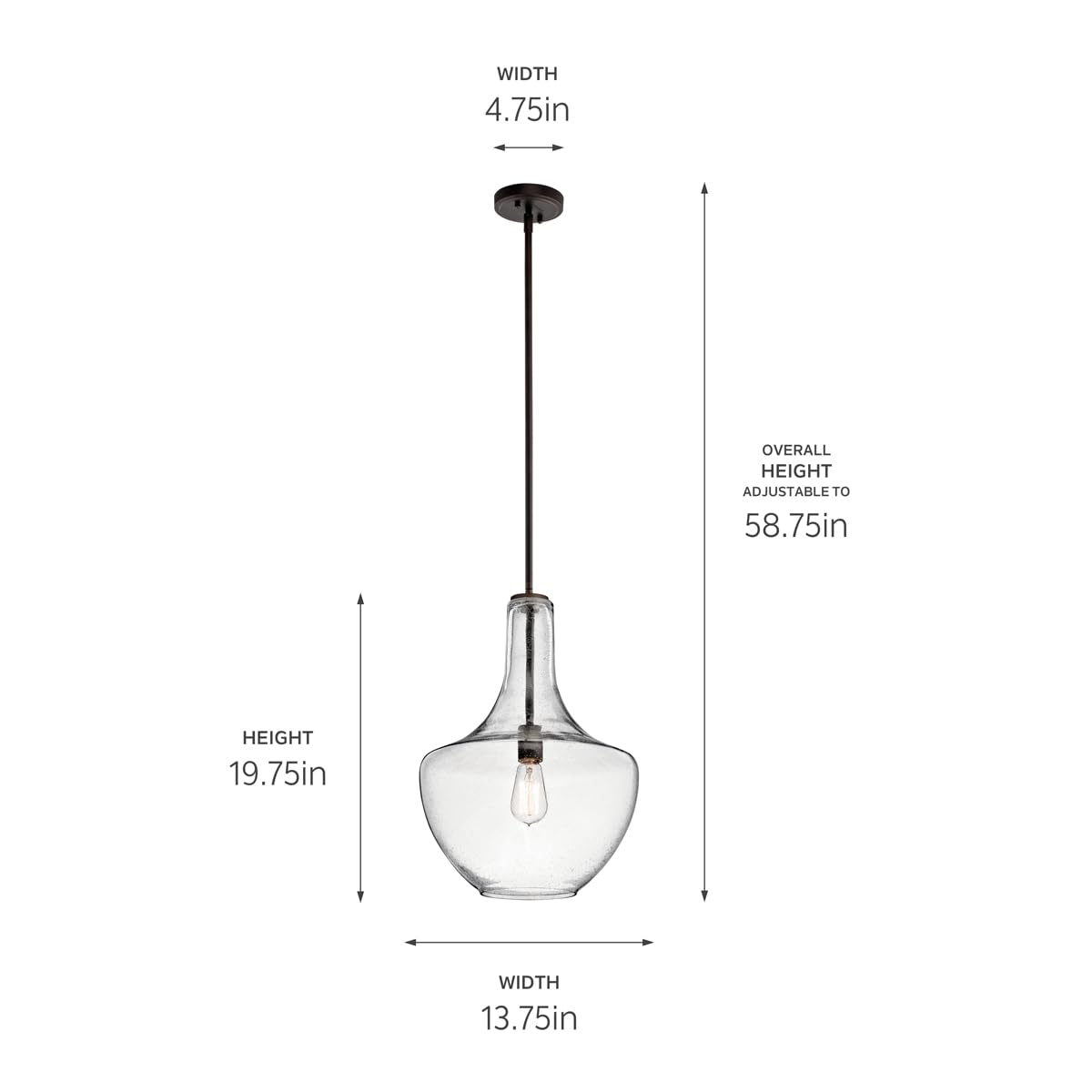 Kichler Everly 19.75 Kitchen Bell Pendant In Olde Bronze, 1-Light Clear Seeded Glass Pendant Light, (19.75 H X 13.75 W), 42046Oz