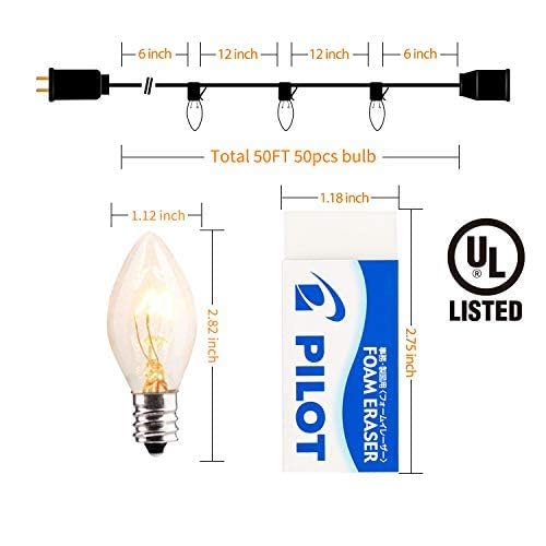 Minetom C9 Clear Christmas String Lights, 50FT, Black Wire, 50 Bulbs, Vintage Outdoor/Indoor Holiday Decor