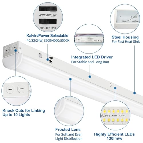 DAKASON 4FT LED Linear Light Fixture, 40/32/24W, 5000K CCT, White, Solid Metal Housing, 4 Pack