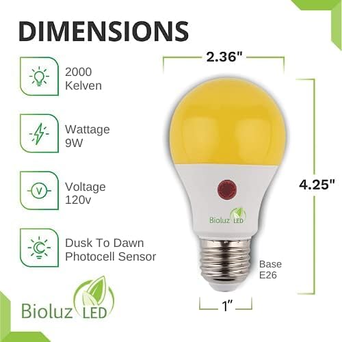 Bioluz Led 3 Pack Yellow Dusk To Dawn Bug Light Bulbs, 9W (60W Equivalent) A19 Led Light Bulb With Photocell Sensor, Auto On/Off