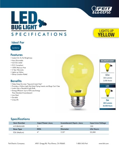 Feit Electric A19/BUG/LED Outdoor Bug Light 60-Watts Equivalent Non-Dimmable LED Light Bulb, E26 Medium Base, Yellow, Pack of 2