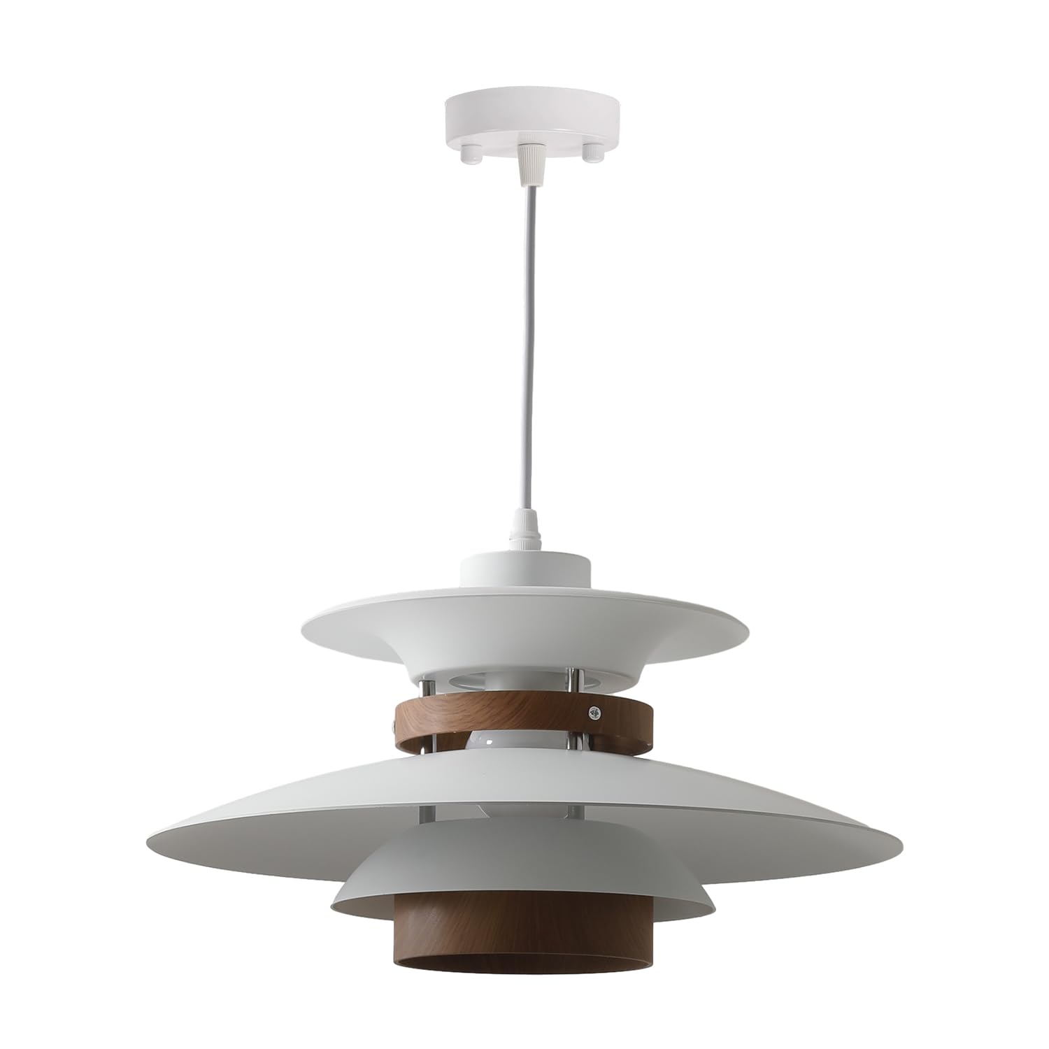 EFINEHOME Modern Adjustable Pendant Lamp, 35cm Aluminum & Wood, E26 Base, White & Dark Wood Grain for Kitchen Island & Dining Room