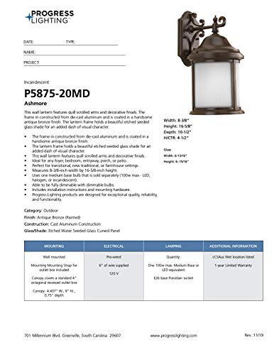 Progress Lighting 1-Light Outdoor Wall Lantern, Antique Bronze, Aluminum, 16.63x8.38x8.38, Model P5875-20MD, New Traditional Design
