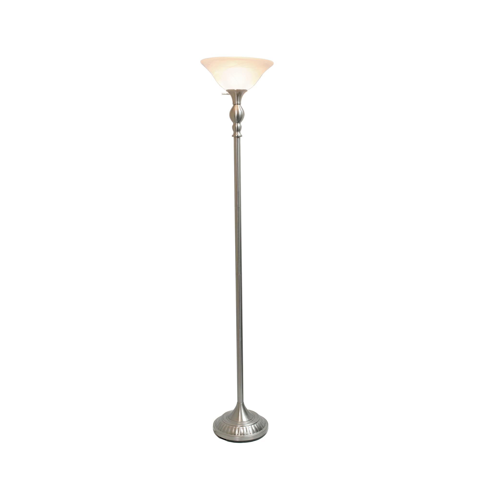 Elegant Designs Lf2001-Bsn 1 Light Torchiere Marbleized White Glass Shade Floor Lamp, Brushed Nickel