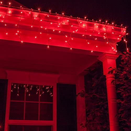 Kringle Traditions 8.5 ft Red Icicle Lights, Outdoor Holiday Lights, White Wire, Model GDS-150/3FI