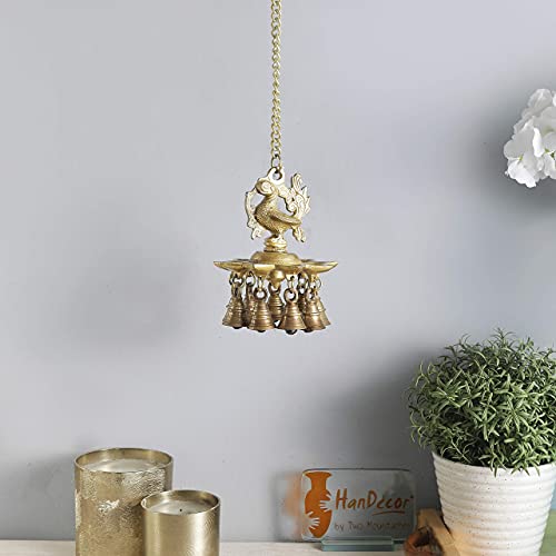 Two Moustaches Peacock Design Brass Hanging Diya with Bells, Hanging Lamp, Pooja Lamp, 1.1 Kg Hanging Lamp Diya, 4 Inches Diya,