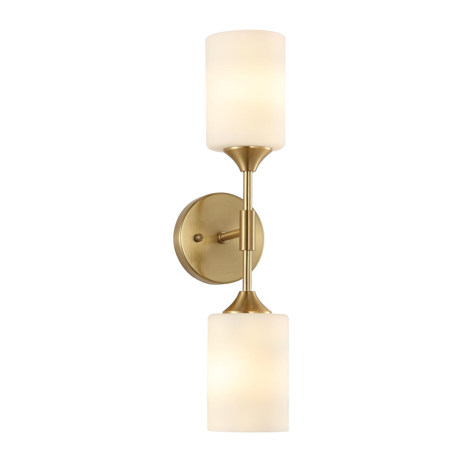 BYOLIIMA 2-Lights Gold Wall Sconce with White Cylinder Glass Shades Modern Mid Century Bathroom Vanity Wall Light Fixtures Indus