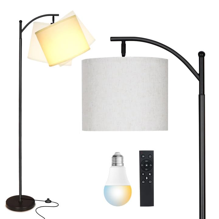 Mukuxin Led Floor Lamps For Living Room, 12W Modern Arc Floor Lamp With Remote & Adjustable Linen Lampshade, Stepless Dimmable T