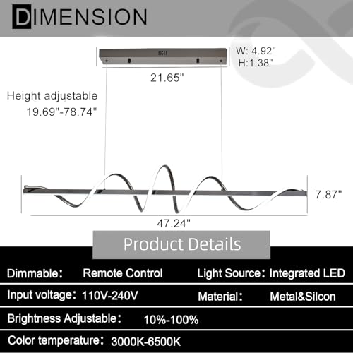 Likflyer Modern LED Pendant Light, 47.24" Black Aluminum Chandelier, Dimmable, Creative Snake Design, Model QY002-SXmh-120Bk