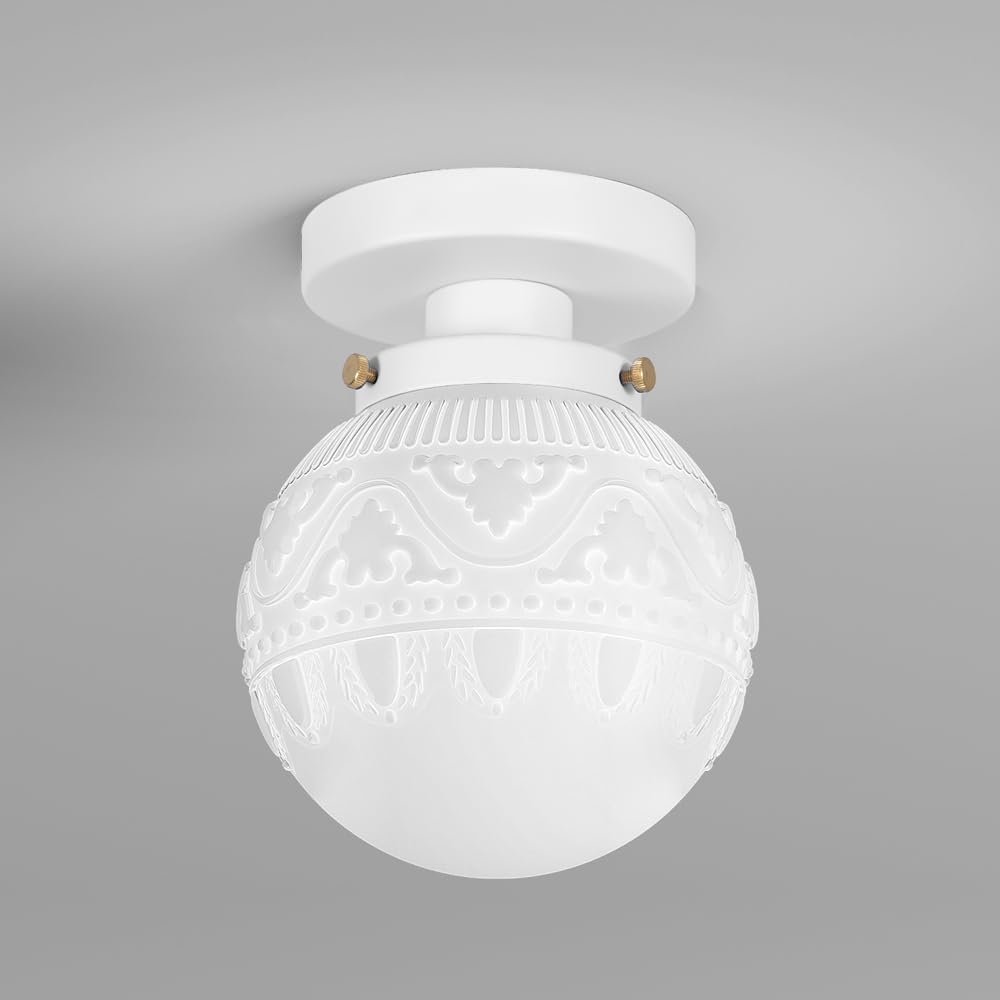 Daunton Semi Flush Mount Ceiling Light, White Hallway Fixture, Vintage With Milky Glass Globe, Close to Ceiling Indoor Hanging L