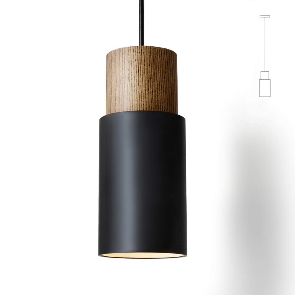 DUHU Black and Wood Pendant Light,Modern Kitchen Pendant Light Over Island,Industrial Metal Lampshade,Single Hanging Light E26 f