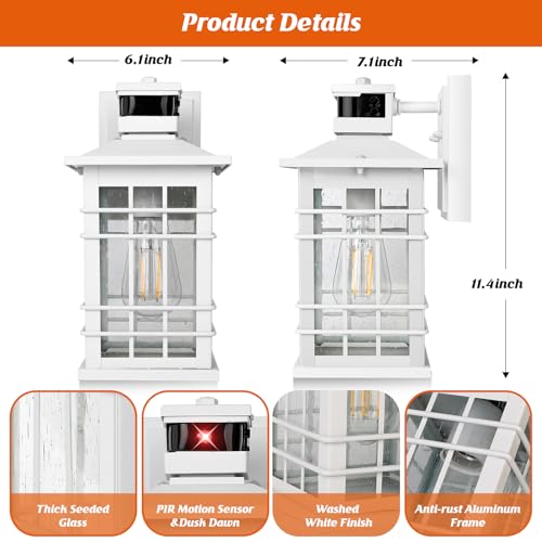 Motion Sensor Outside Wall Lantern Waterproof  White Dusk Dawn Outdoor Lighting Wall Mount With Tempered Glass  Modern Anti-Rust Motion Porch Light Fixture For Hallway Entryway Doorway