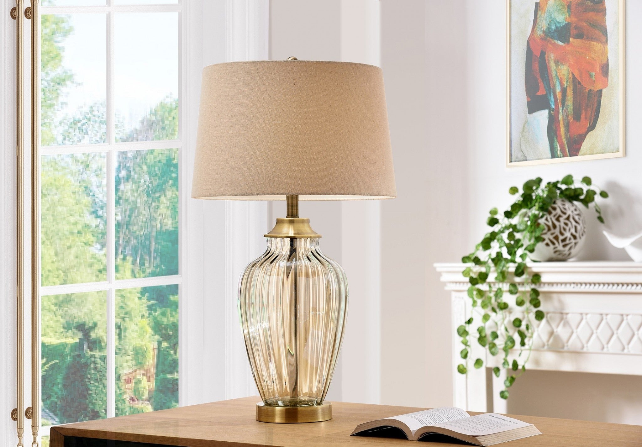29'' Bronze Metal Bedside Table Lamp With Tan Shade