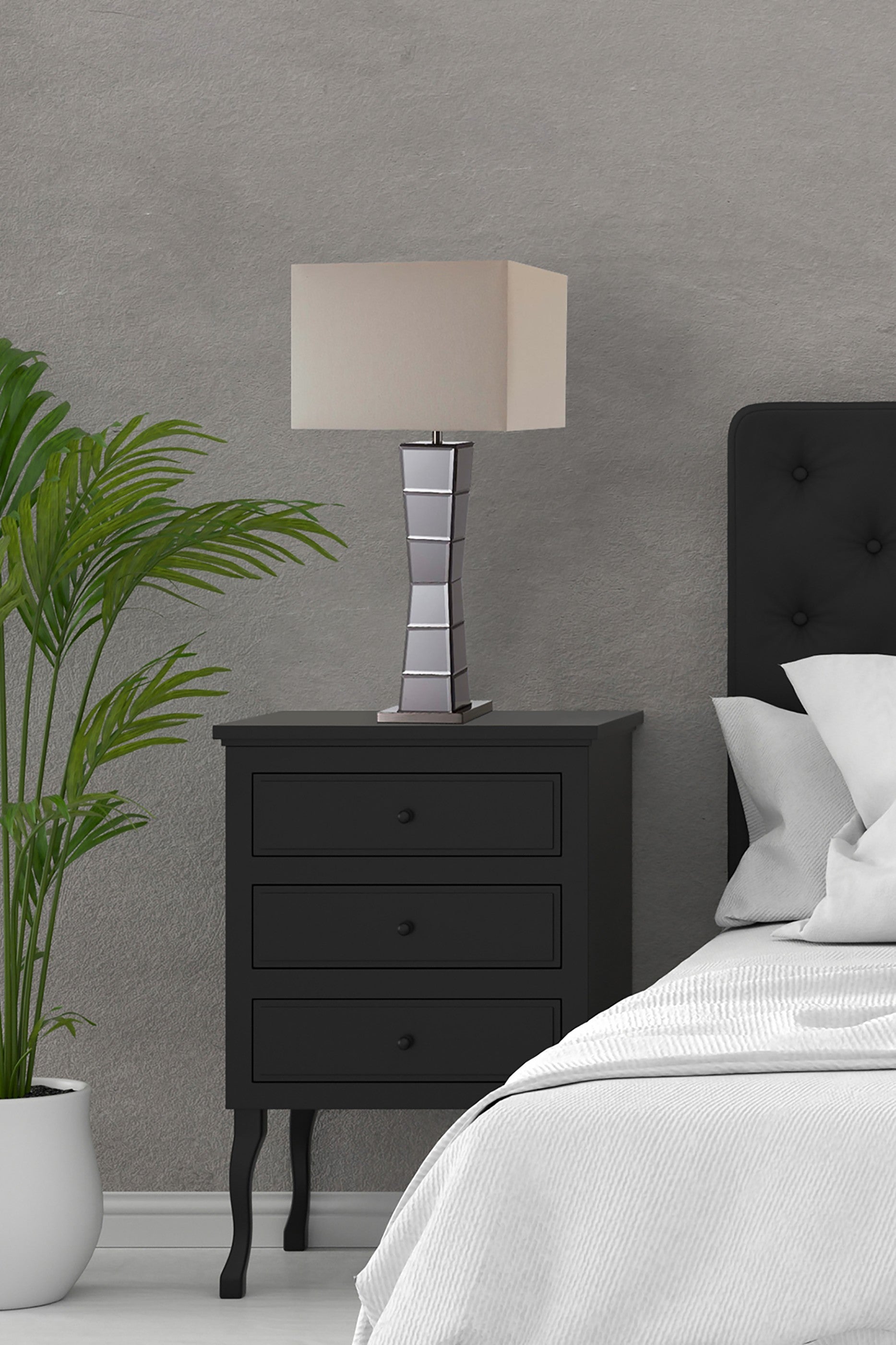 Black Glass Tower Table Lamp With Beige Fabric Shade