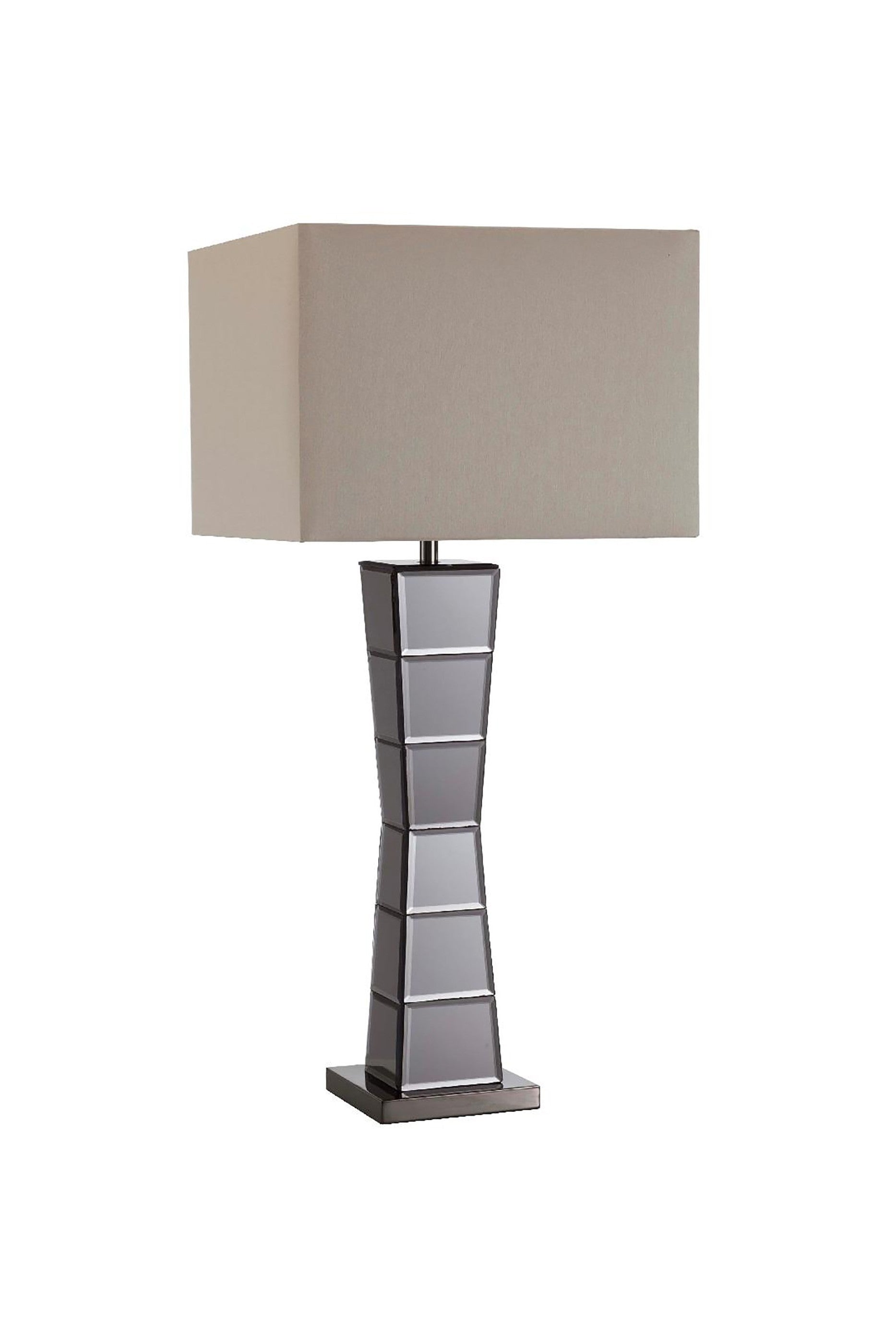 Black Glass Tower Table Lamp With Beige Fabric Shade