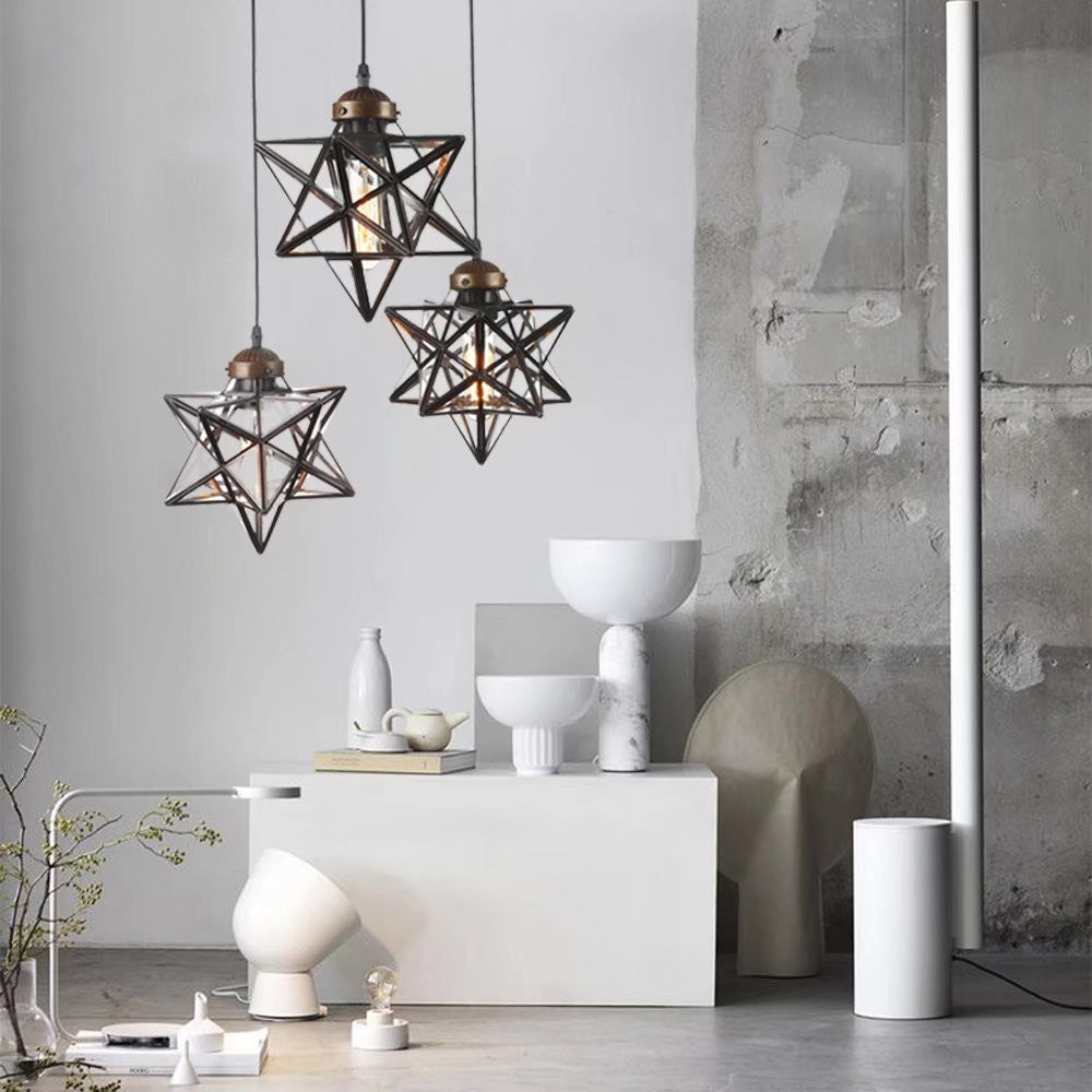Brown Metal And Glass Star Geometric Hanging Lamp