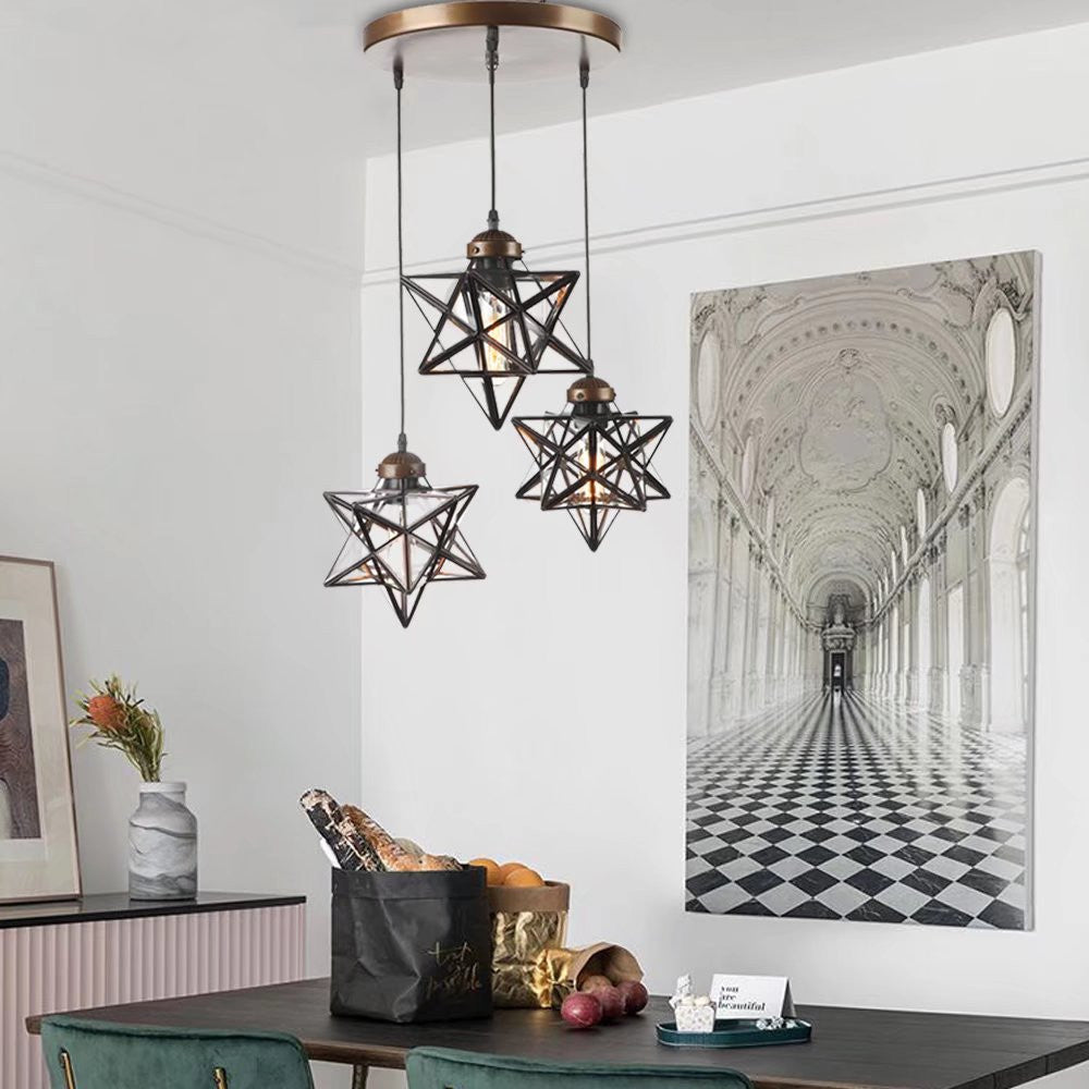 Brown Metal And Glass Star Geometric Hanging Lamp