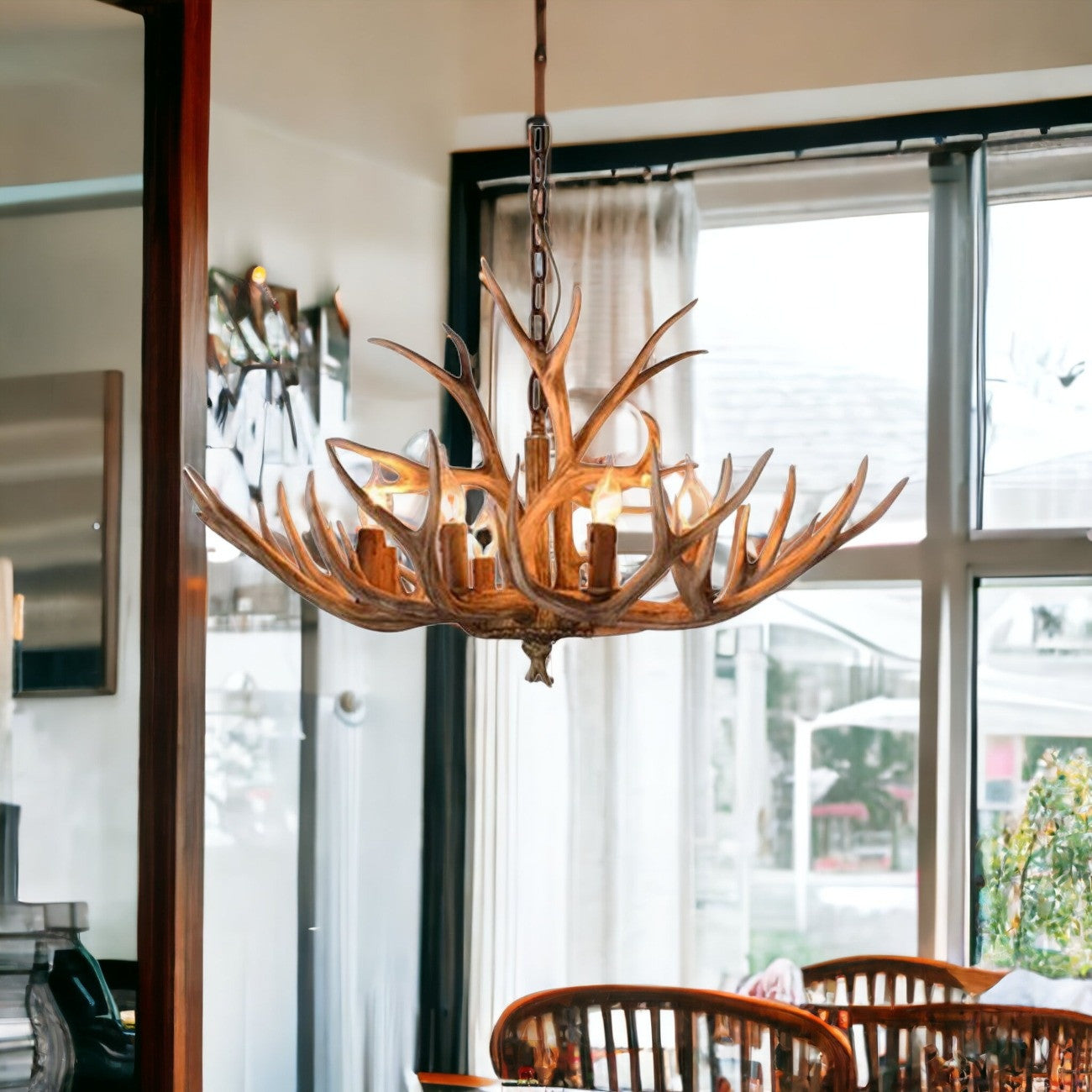 Brown Super Stag Faux Antlers Six Light Led Chandelier