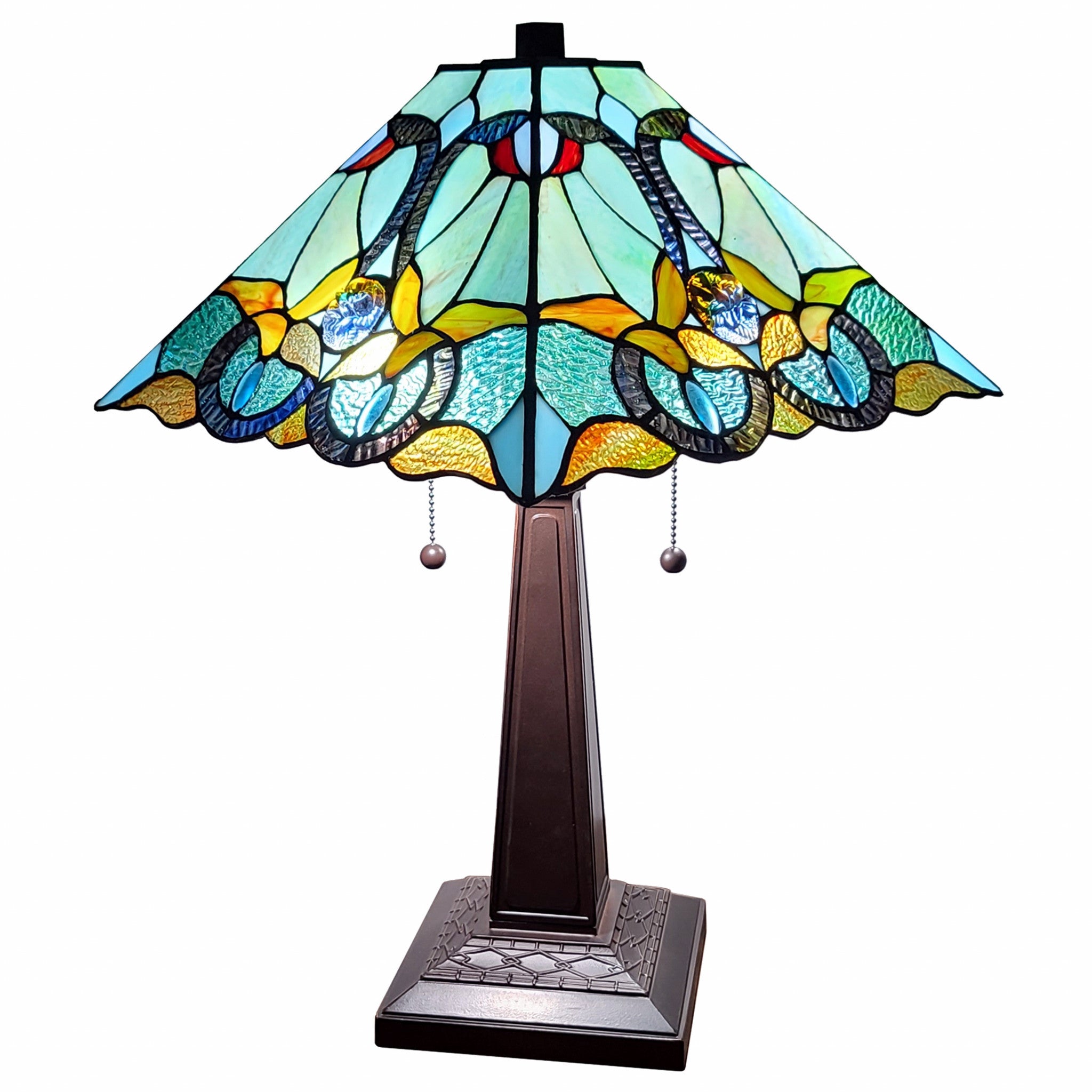 23 Aqua Blues and Amber Abstract Stained Glass Two Light Mission Style Table Lamp