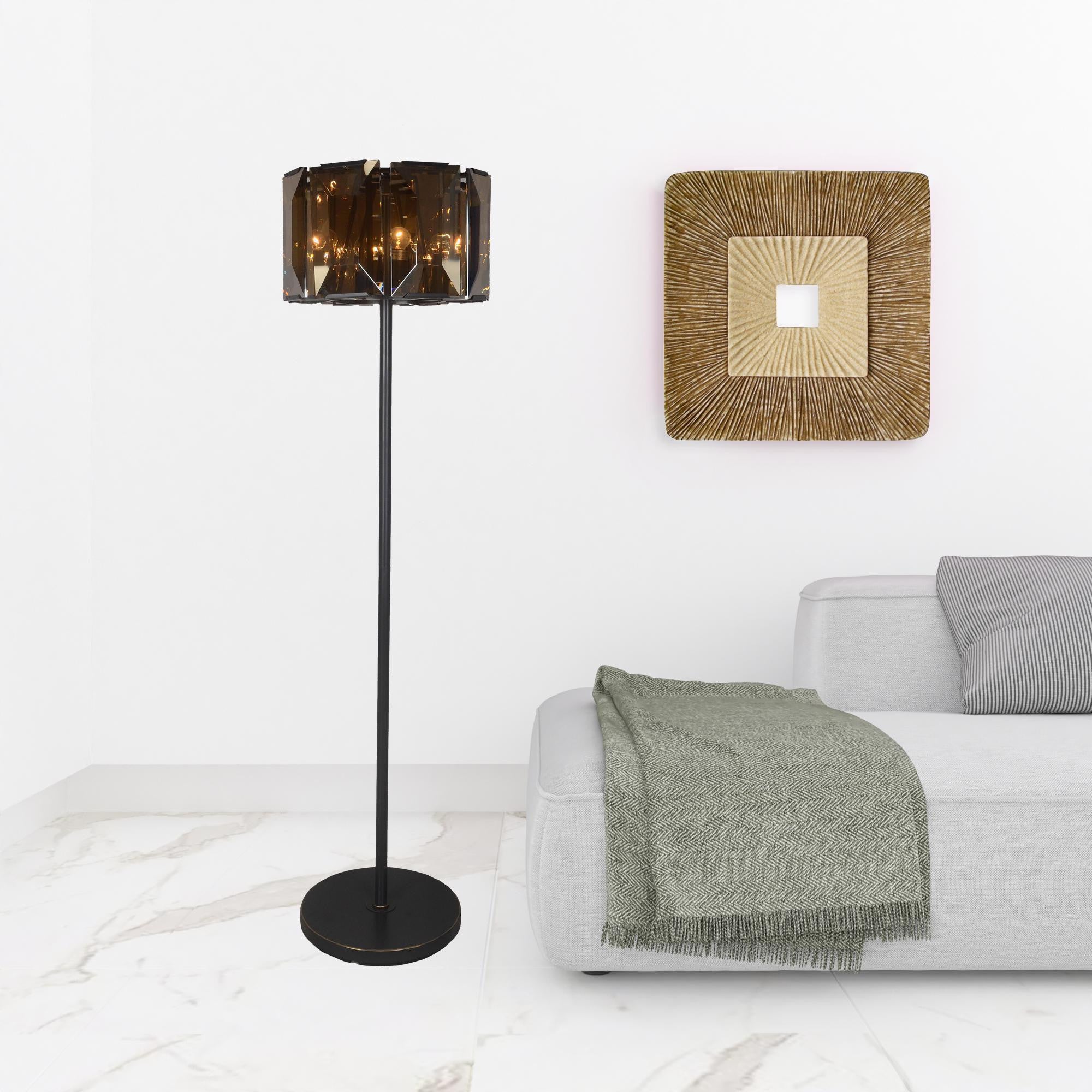 Homeroots 490805 68 X 18 X 18 In. Dark Bronze Floor Lamp With Amber Solid Color Beveled Glass Drum Shade