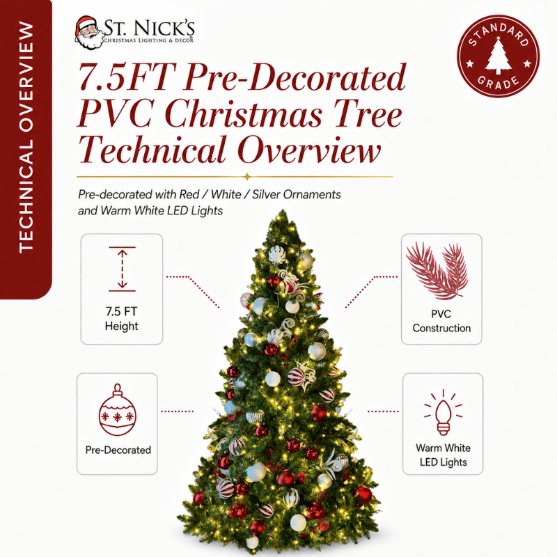 7.5FT Pre-Decorated PVC Christmas Tree Red/White/Silver