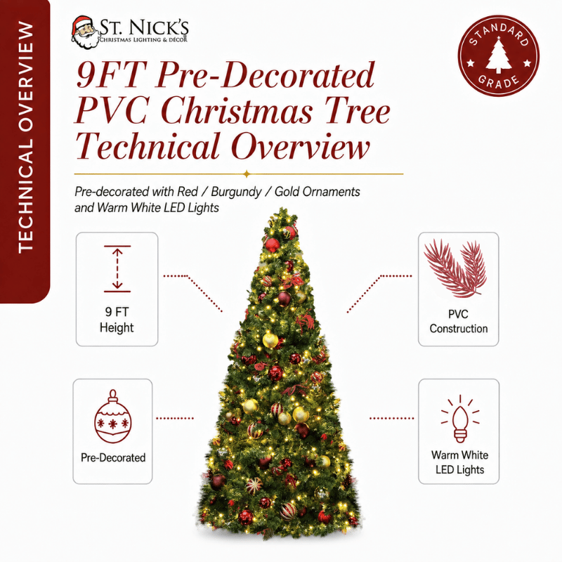 9FT Artificial Christmas Tree PVC Pre-Decorated Red Burgundy Gold Ornaments with Warm White Lights
