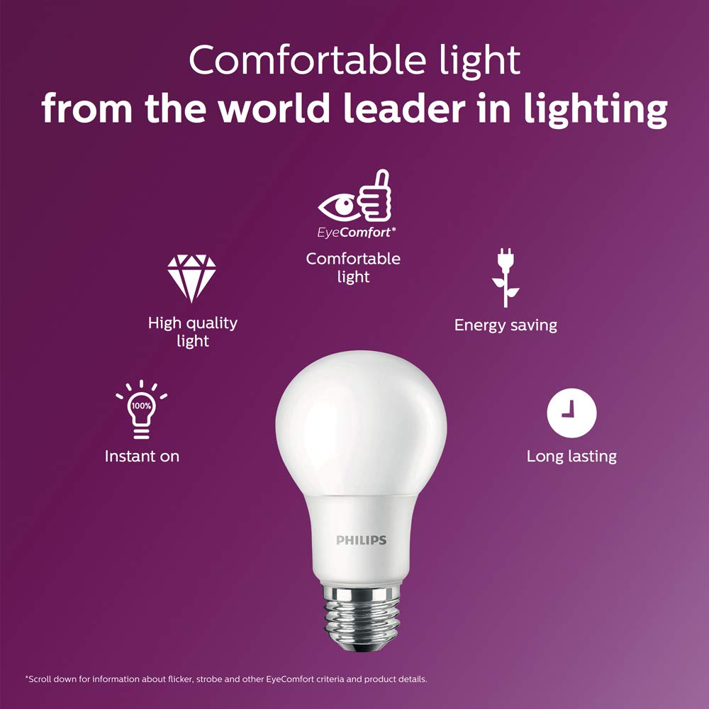 Philips LED A19 Light Bulb, 1500 Lumen, Daylight (5000K), 13.5W=100W, E26 Base, 4-Pack, Plastic