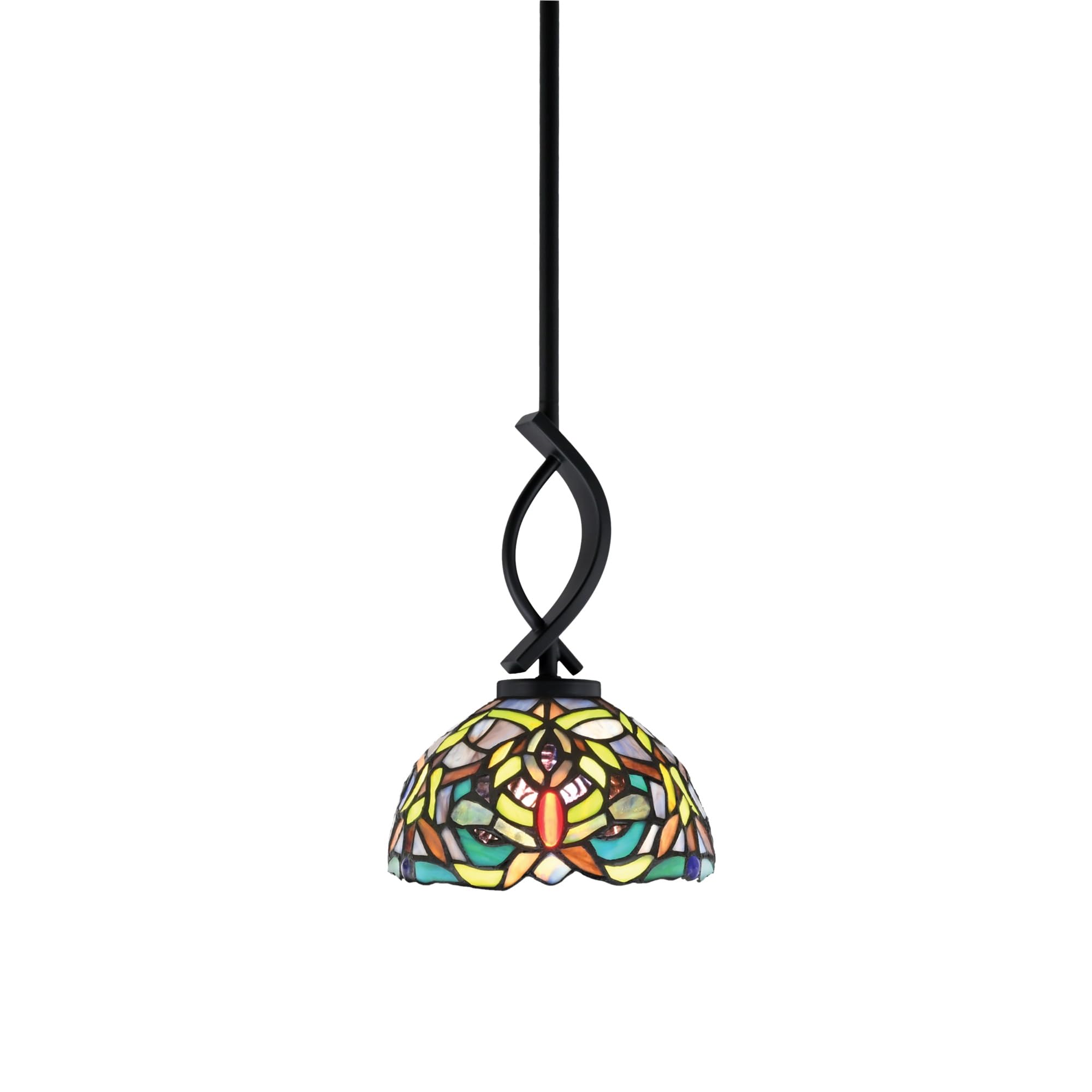 Cavella 1 Light Stem Mini Pendant Shown In Matte Black Finish With 7" Kaleidoscope Art Glass
