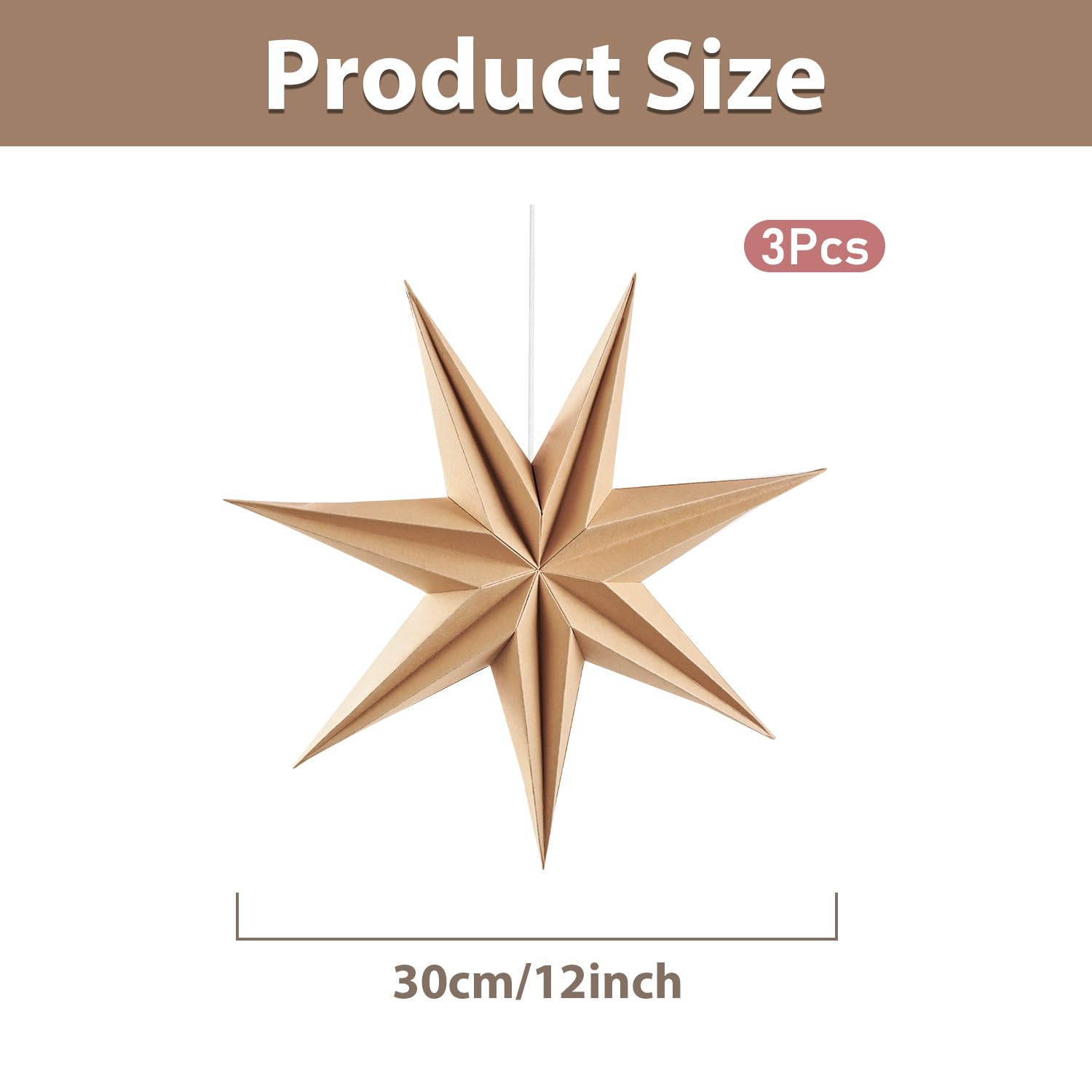 Sunbeauty 3 Pcs 7-Pointed Natural Paper Star Lanterns 12 Inch Christmas Hanging Lamp Rustic Paper Decorations Shade Wedding Birt
