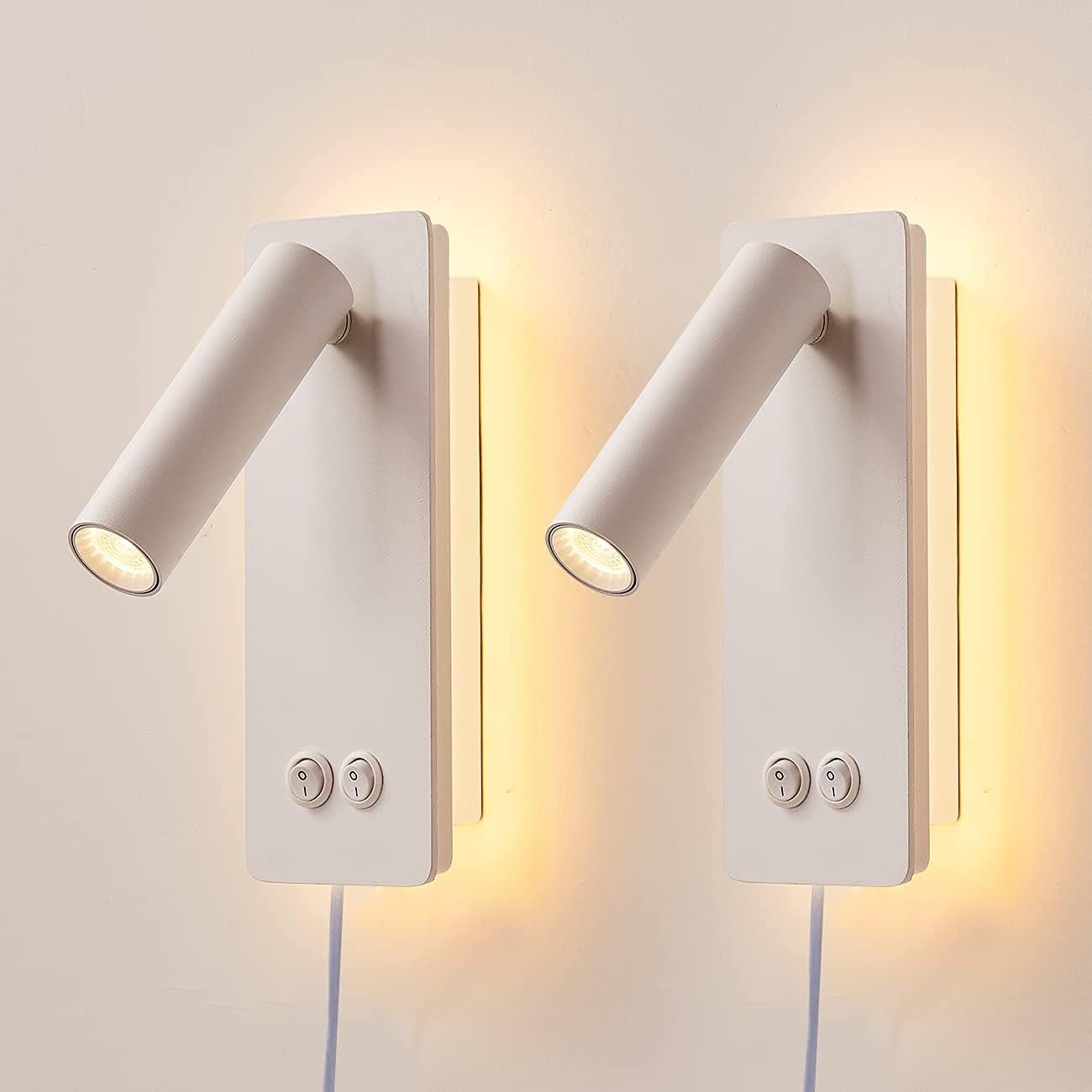 Moluola Lighting Led Wall Lamp Bedside Reading Light Plug-In 3W Headboard Wall Sconce Adjustable Wall Light With On-Off Switch Background Light 3000K(White)
