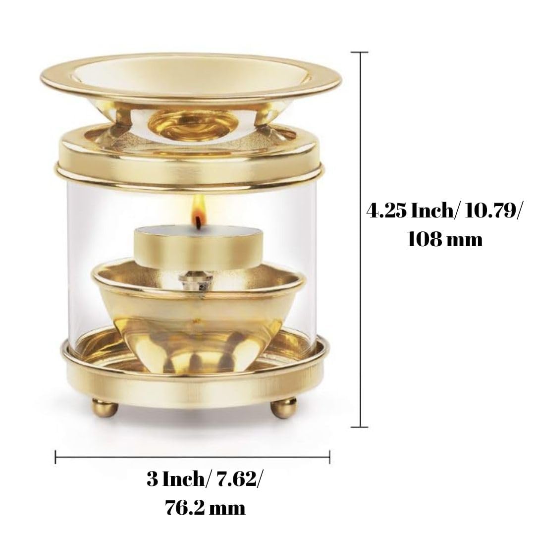 True Decor Brass Camphor Diffuser 4 Inches with Borosilicate Glass Cover - Gold Kapoor Dani for Puja, Essential Oil Burner (Pack of 1)
